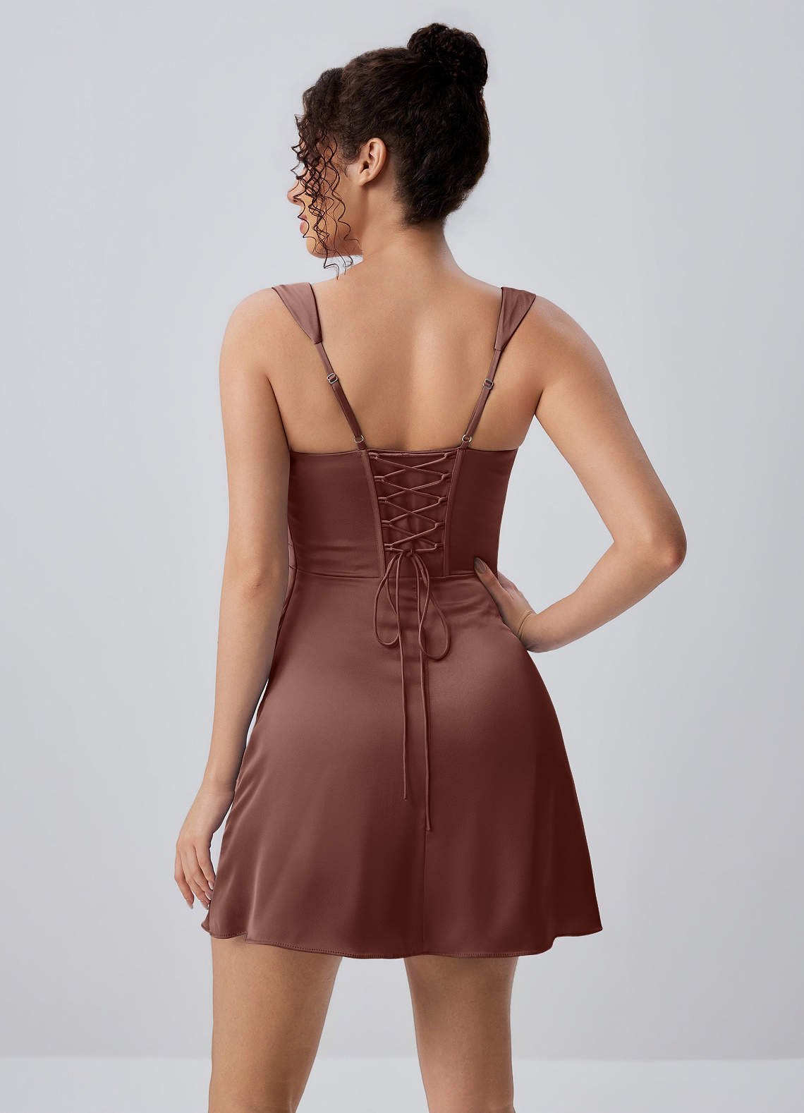 Isabeau Bodycon Mini Square-Neck Satin Prom Dress in Mocha Coco