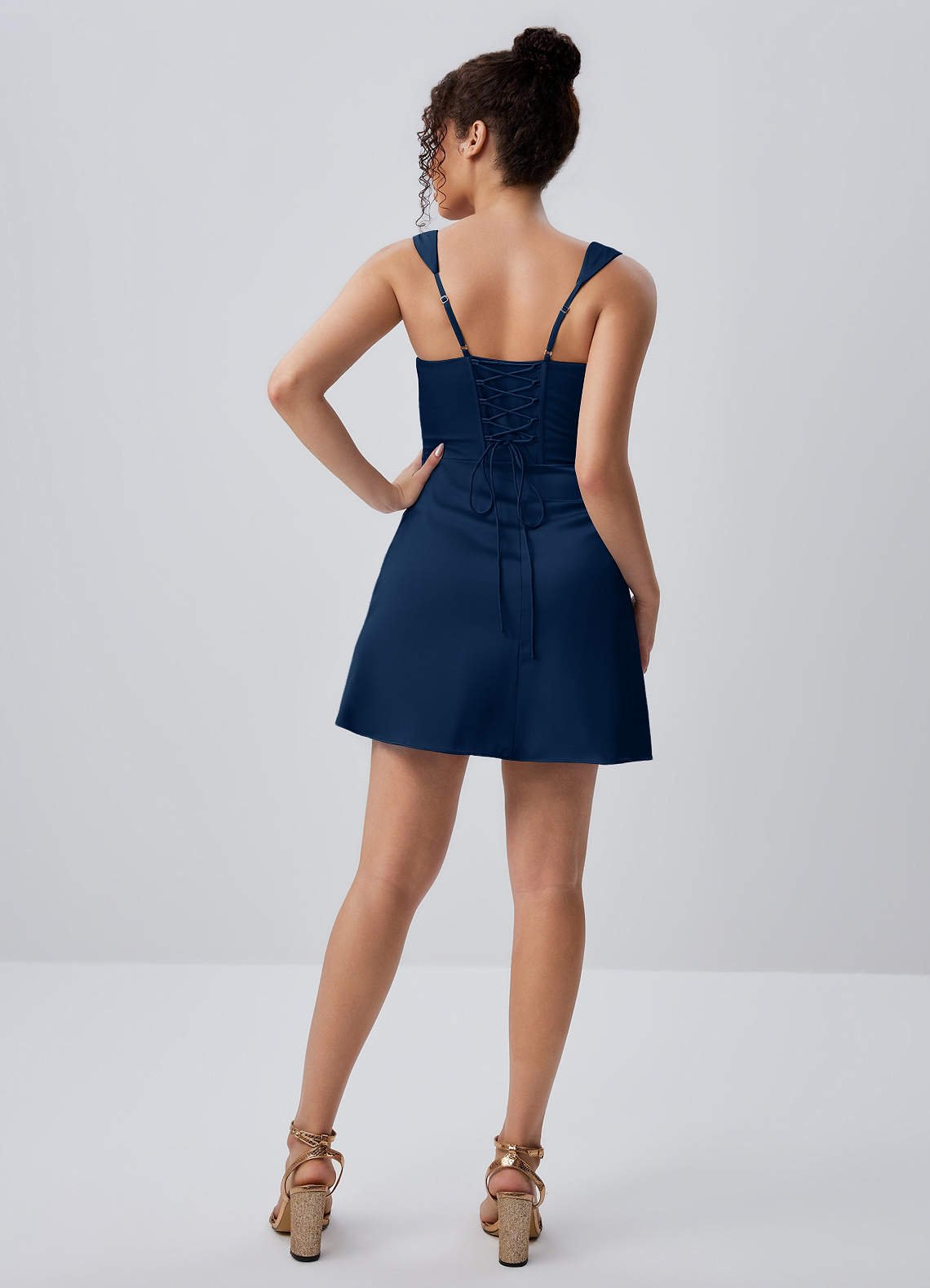 Isabeau Bodycon Mini Square-Neck Satin Prom Dress in Navy