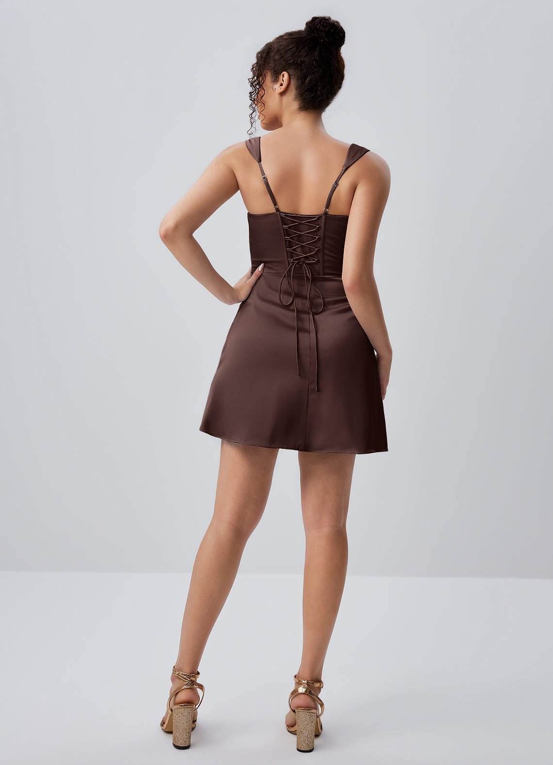 Isabeau Bodycon Mini Square-Neck Satin Prom Dress in Ganache