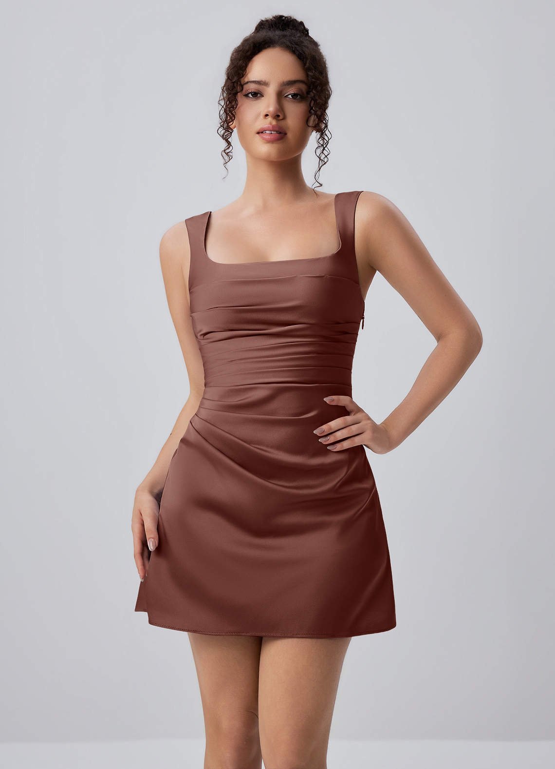 Isabeau Bodycon Mini Square-Neck Satin Prom Dress in Dusty Rose