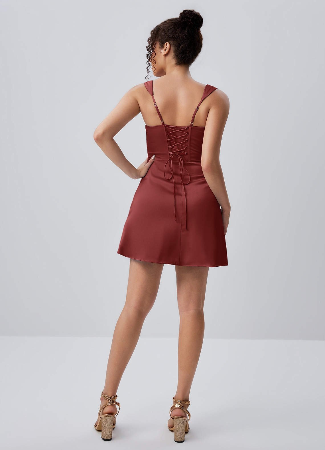 Isabeau Bodycon Mini Square-Neck Satin Prom Dress in Burnt Umber