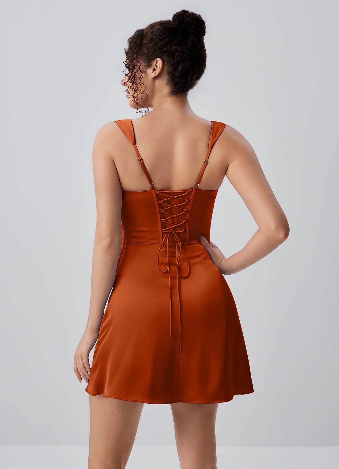Isabeau Bodycon Mini Square-Neck Satin Prom Dress in Rust
