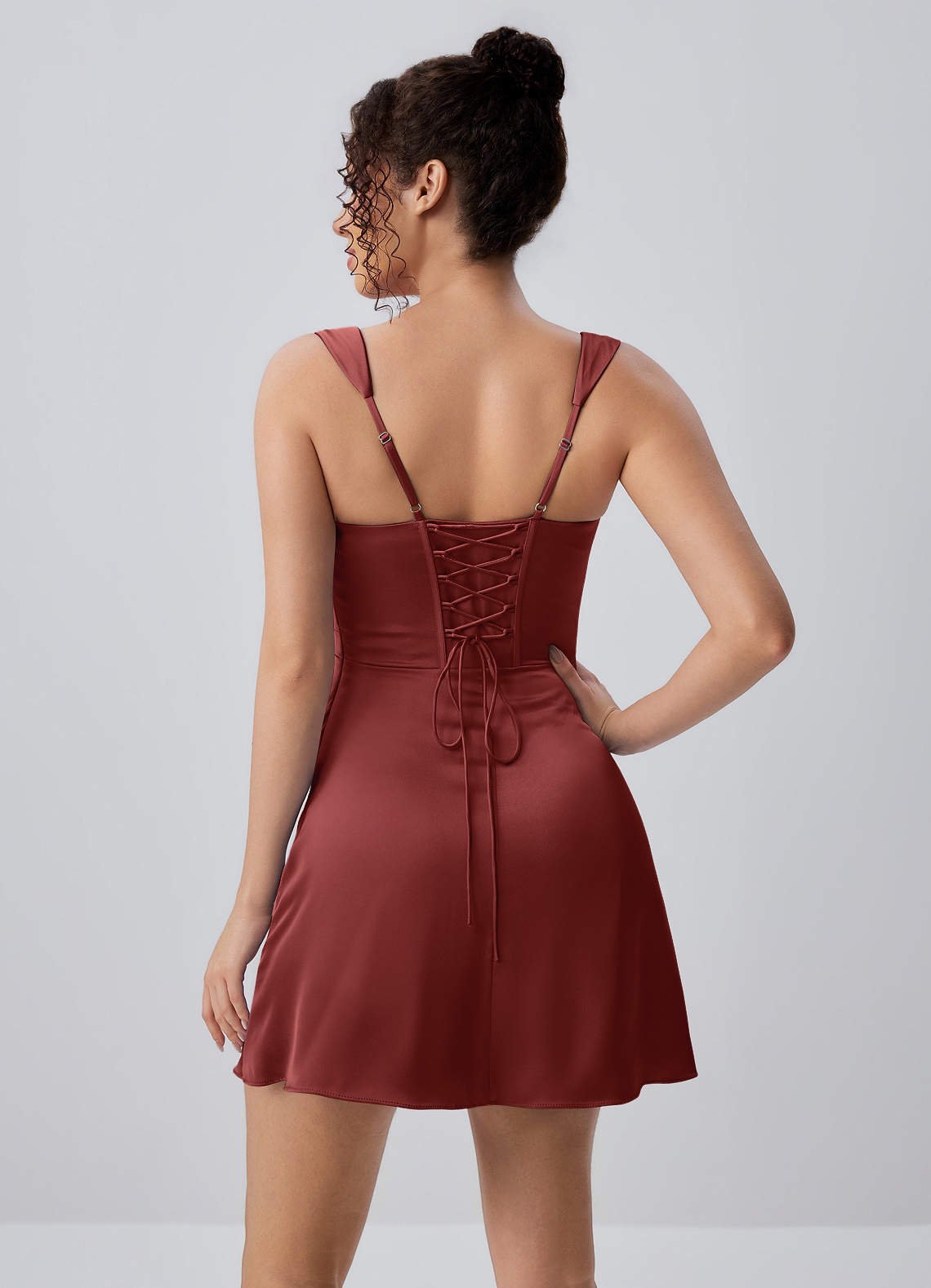 Isabeau Bodycon Mini Square-Neck Satin Prom Dress in Burnt Umber