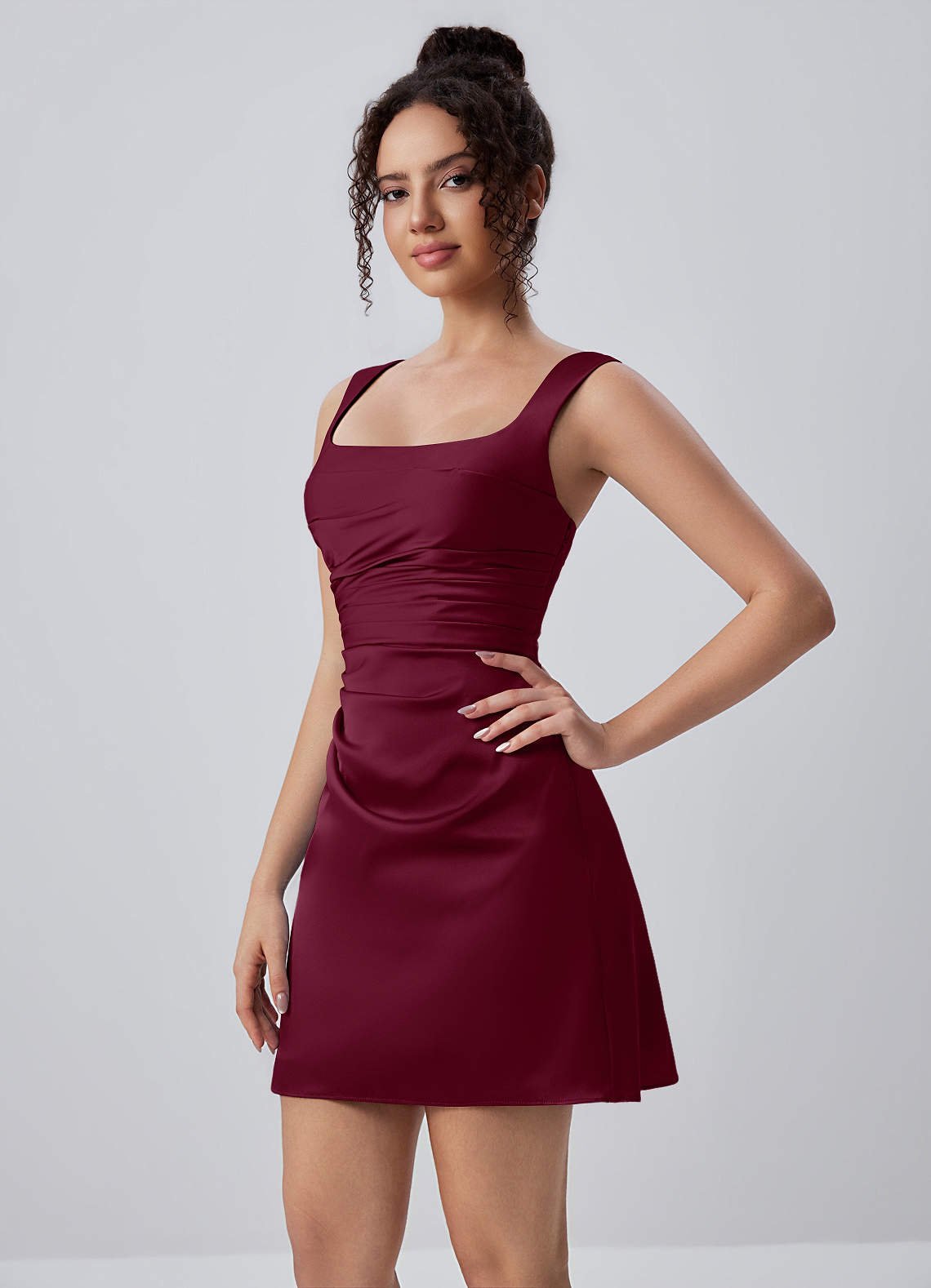 Isabeau Bodycon Mini Square-Neck Satin Prom Dress in Mulberry