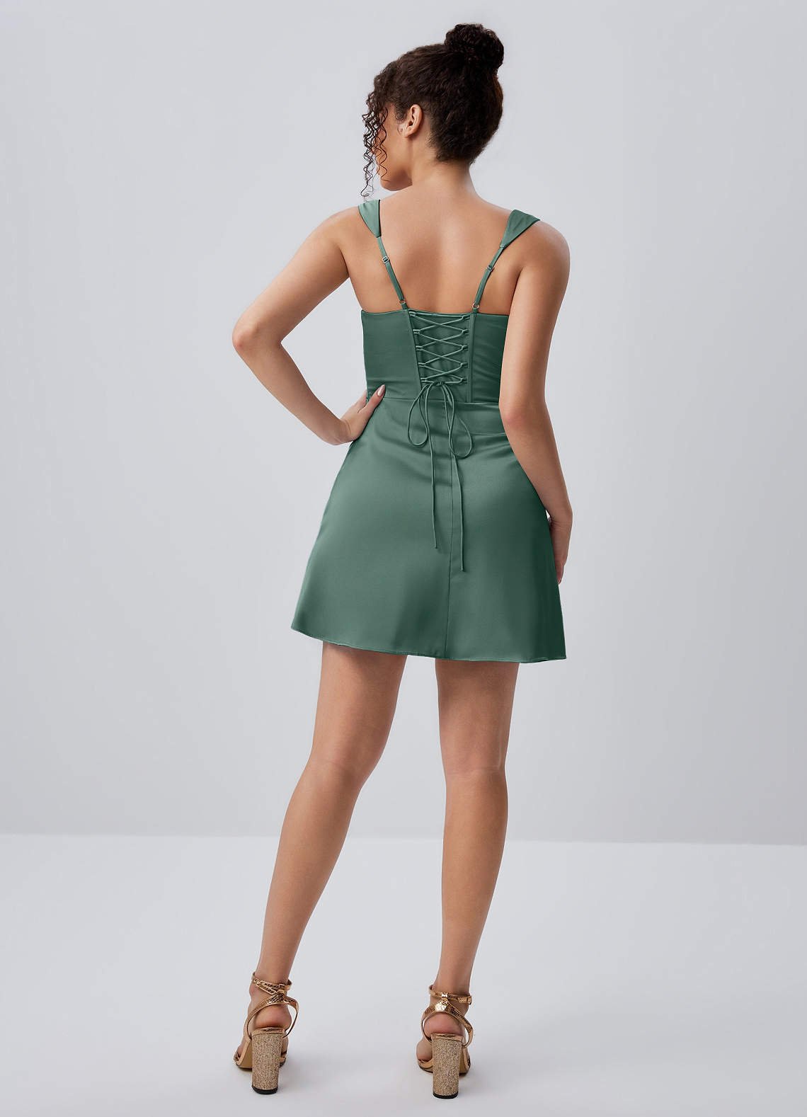 Isabeau Bodycon Mini Square-Neck Satin Prom Dress in eucalyptus