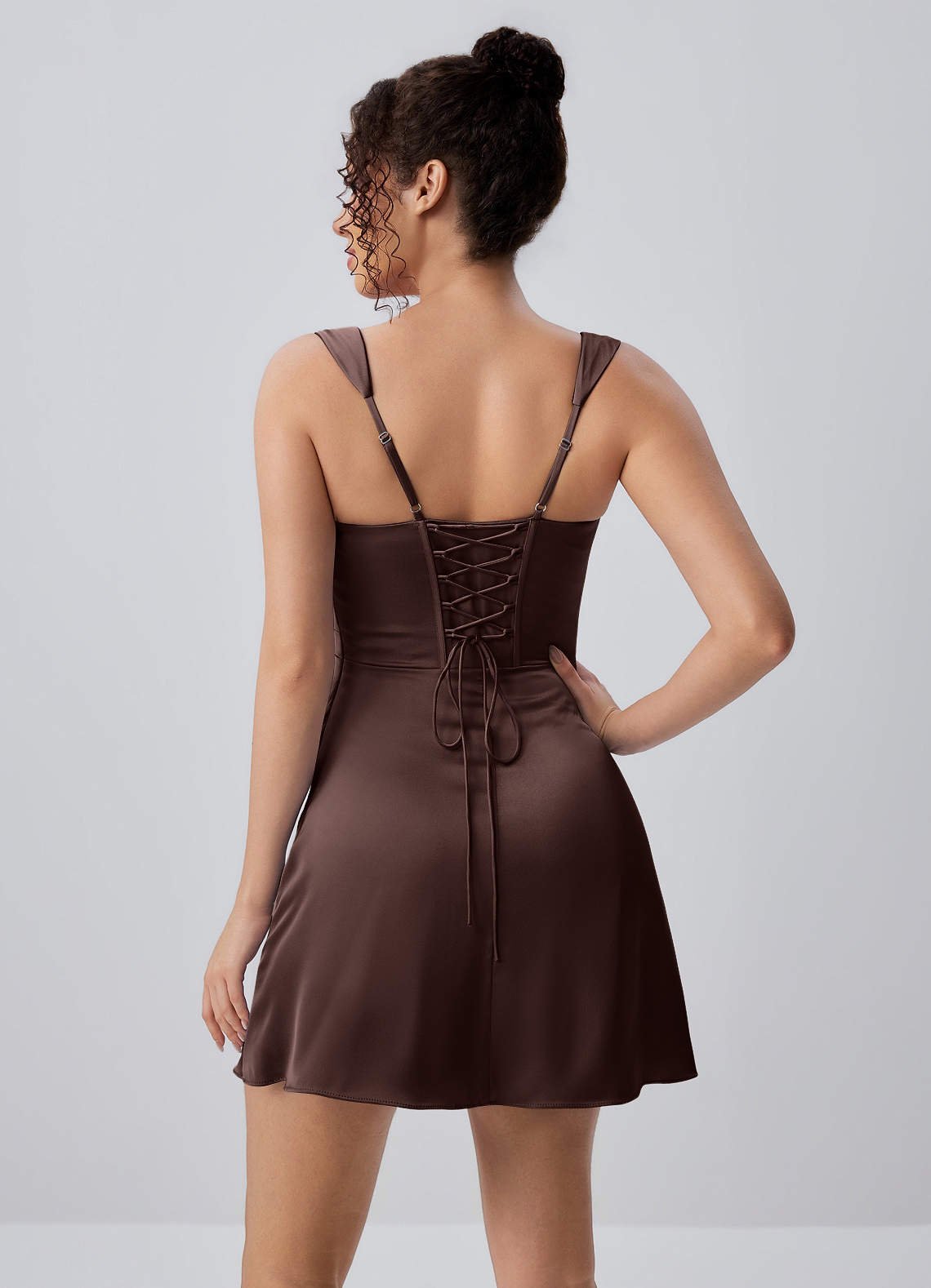 Isabeau Bodycon Mini Square-Neck Satin Prom Dress in Ganache