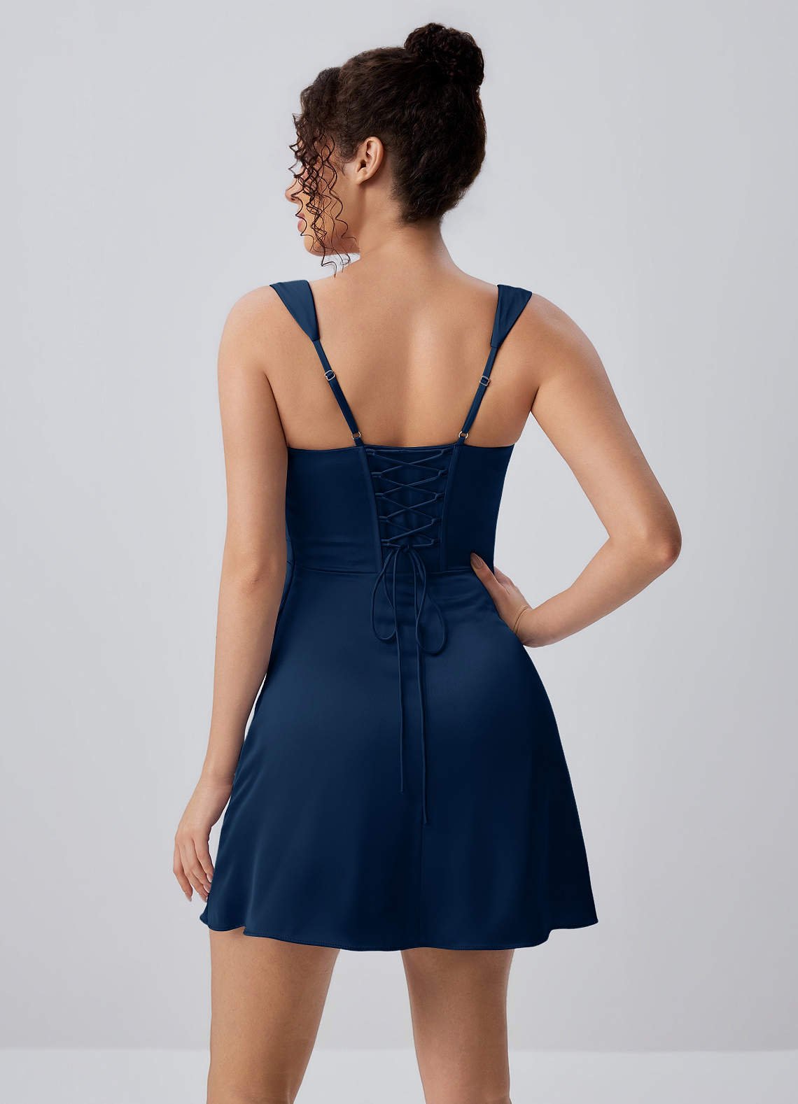Isabeau Bodycon Mini Square-Neck Satin Prom Dress in Navy