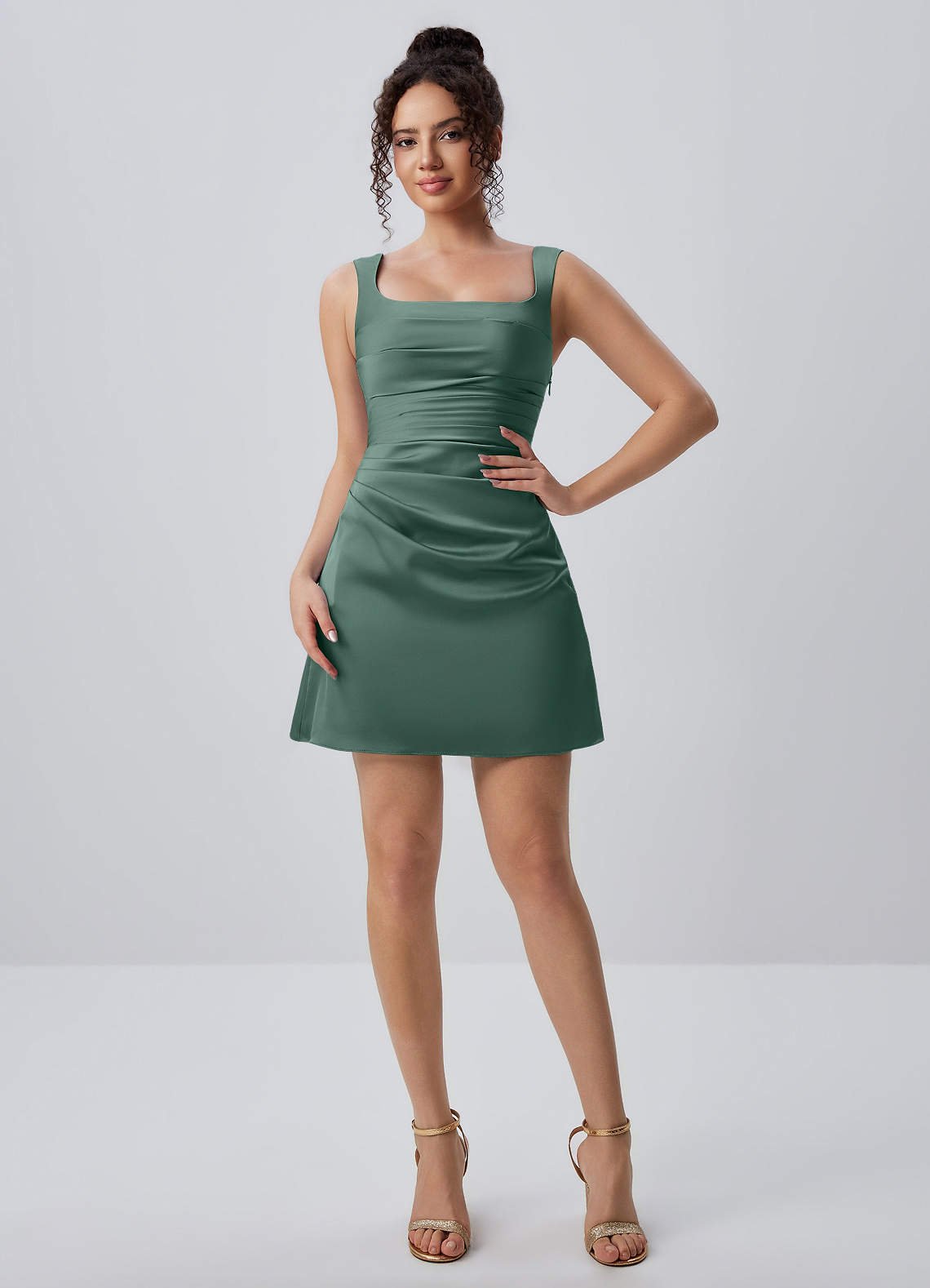 Isabeau Bodycon Mini Square-Neck Satin Prom Dress in eucalyptus
