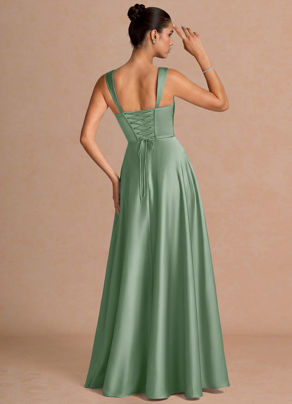 Azaria A-Line Square-Neck Stretch Satin Wedding Guest Dress in Aloe Green