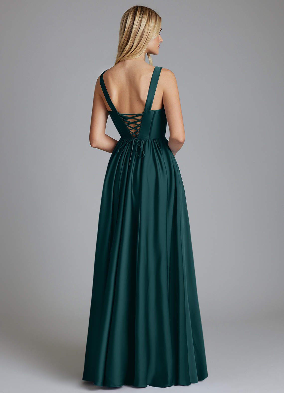 Delmie A-Line V-Neck Stretch Satin Bridesmaid Dress in Pine