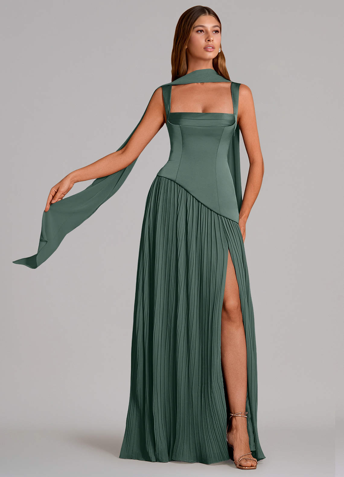 Stephanie A-Line Square-Neck Stretch Satin and Chiffon Bridesmaid Dress in Sea Moss