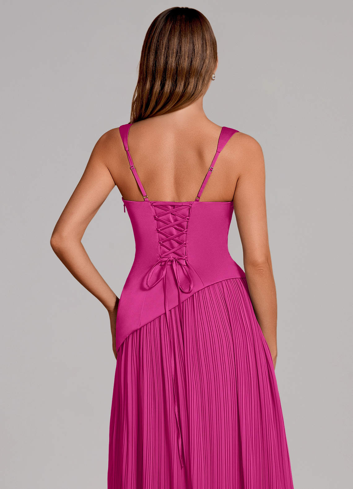 Stephanie A-Line Square-Neck Stretch Satin and Chiffon Bridesmaid Dress in Fuchsia