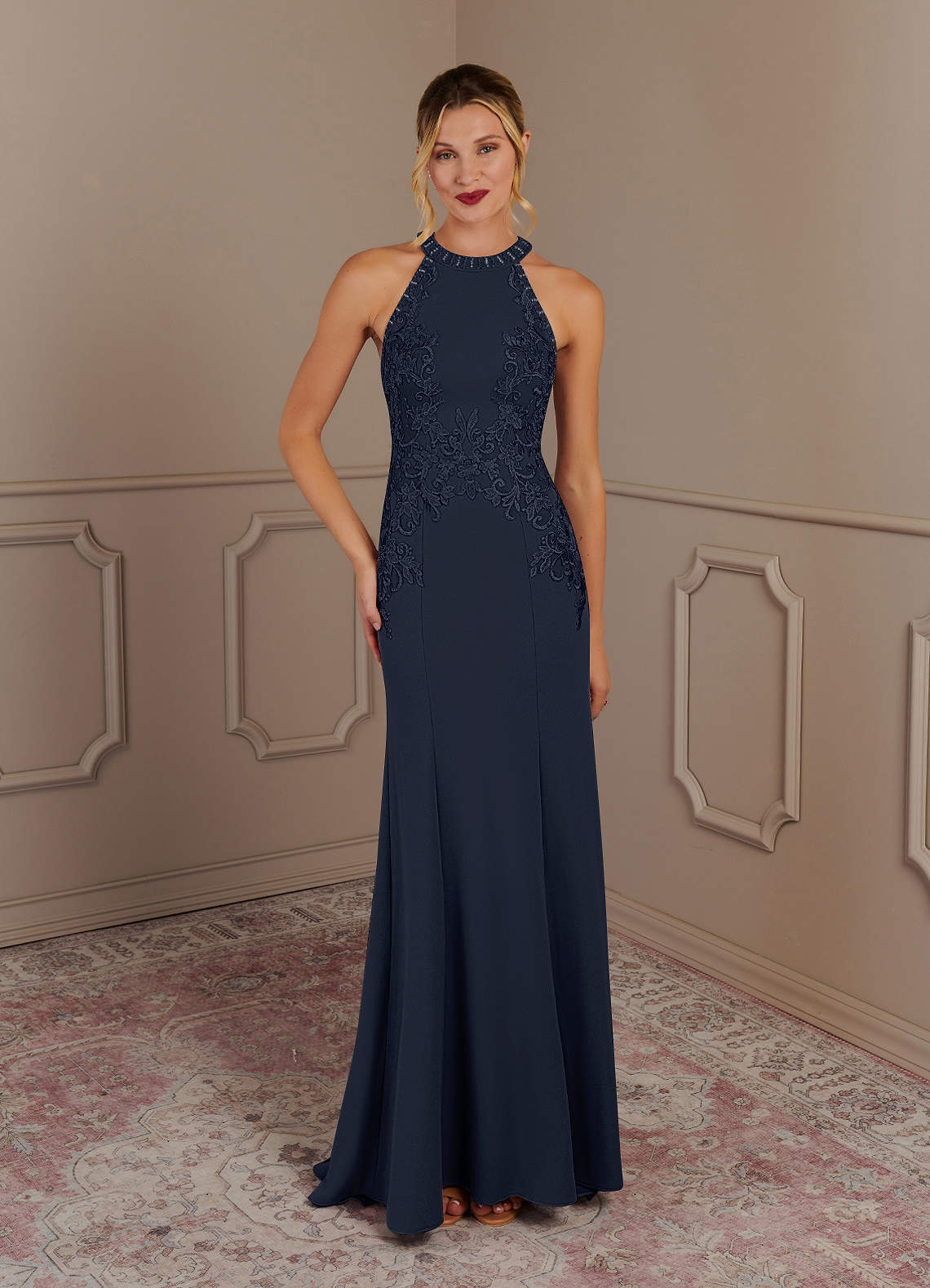 Tyra Mermaid Halter Tulle and Stretch Crepe Mother of the Bride Dress in Dark Navy