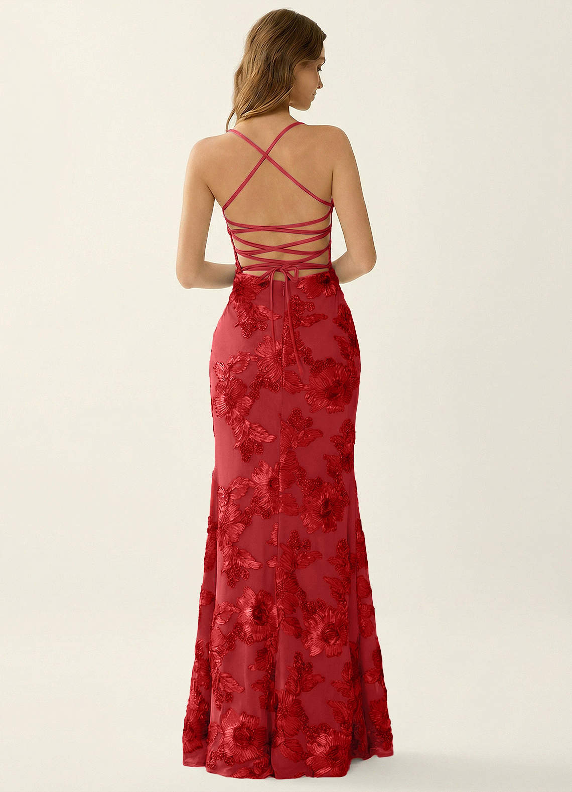 Kailani Mermaid Spaghetti-Strap Lace Evening Dress in Red