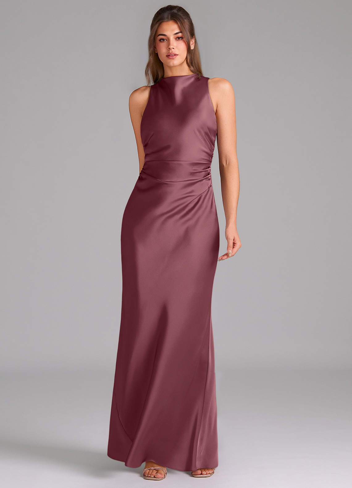 Evadne Sheath Scoop-Neck Stretch Satin Bridesmaid Dress in Desert Rose