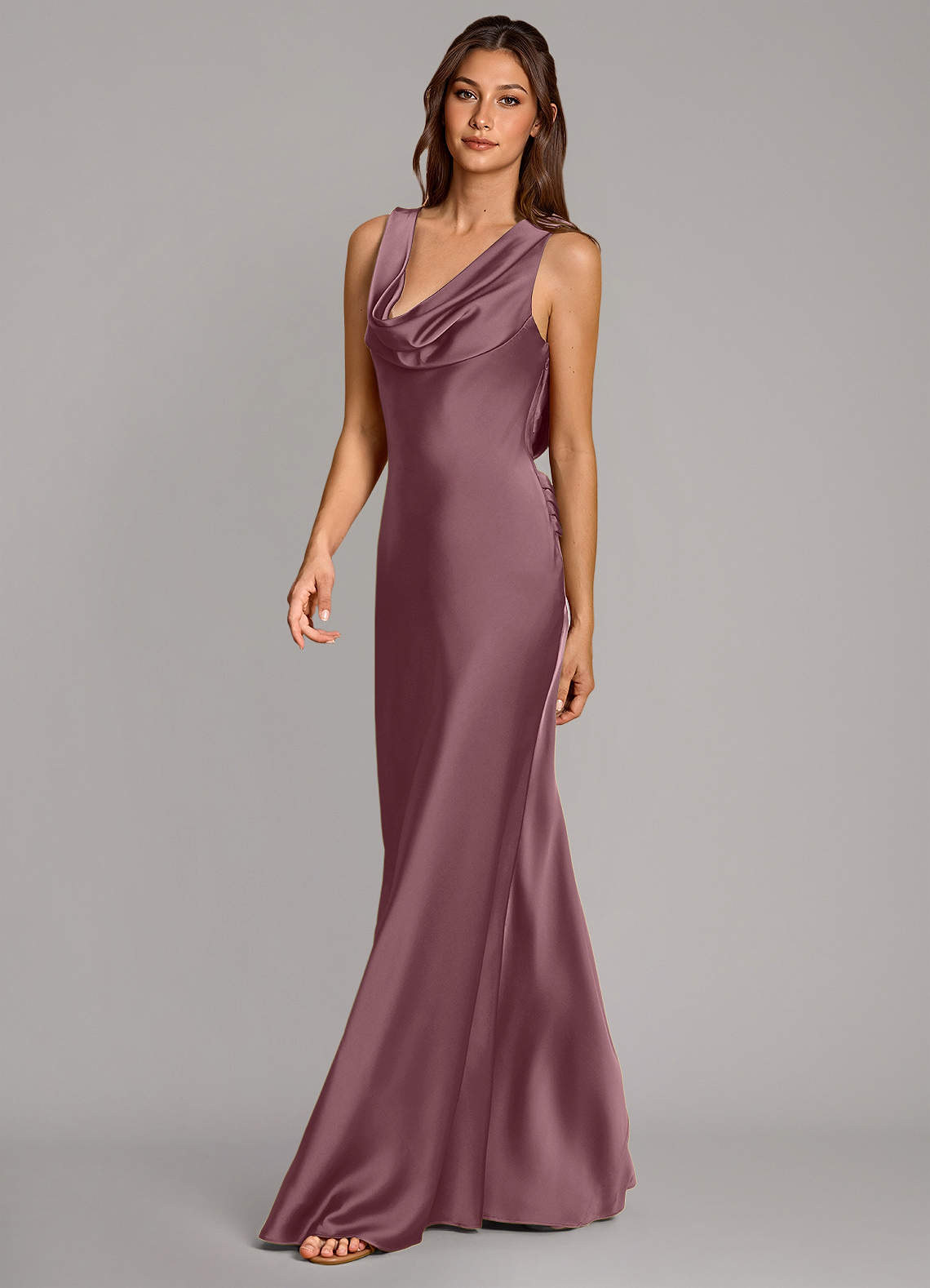 Cheryl Mermaid Cowl-Neck Stretch Satin Bridesmaid Dress in Amethyst