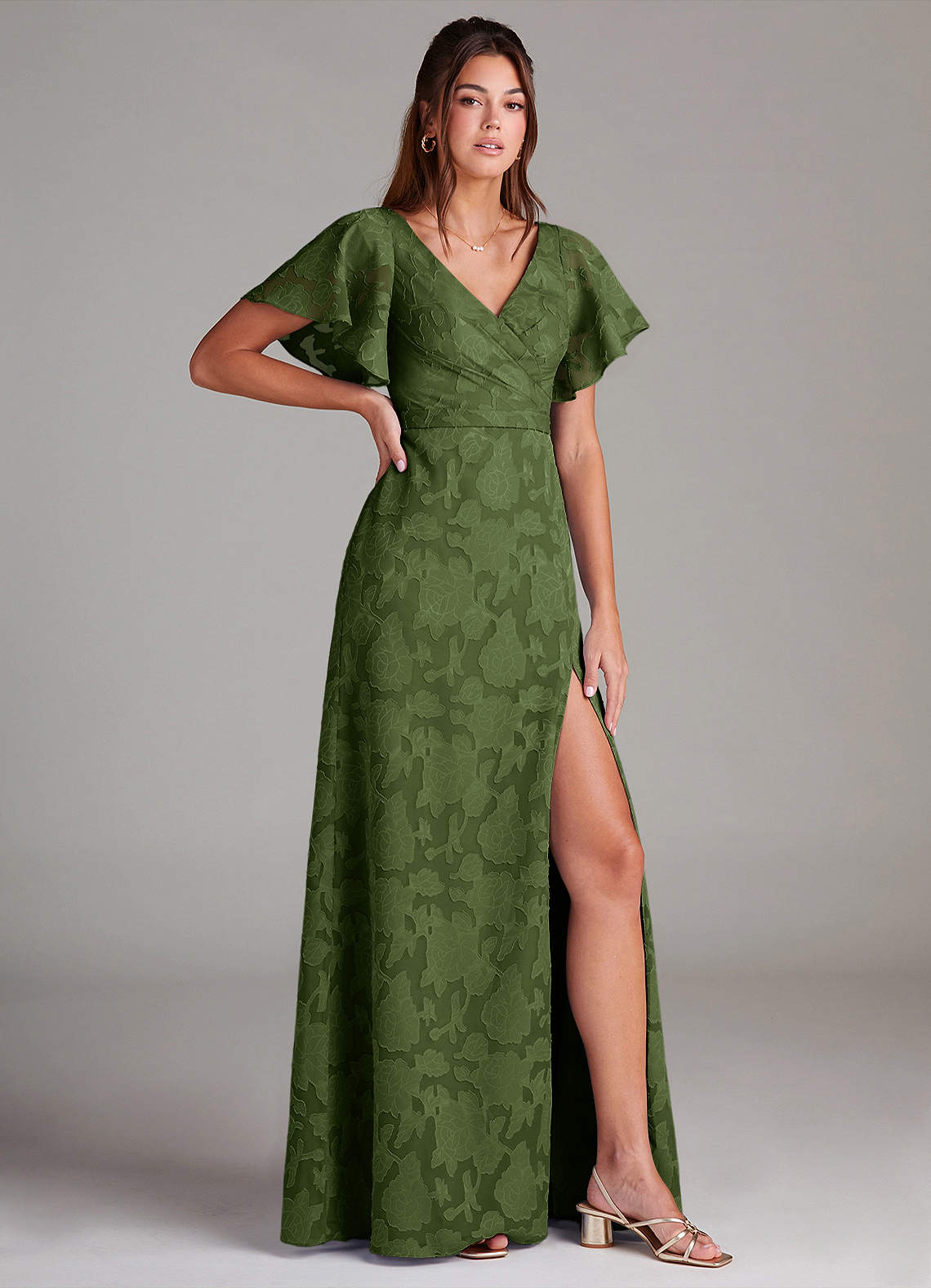 Ambrosia A-Line V-Neck Floral Burnout Bridesmaid Dress in Olive