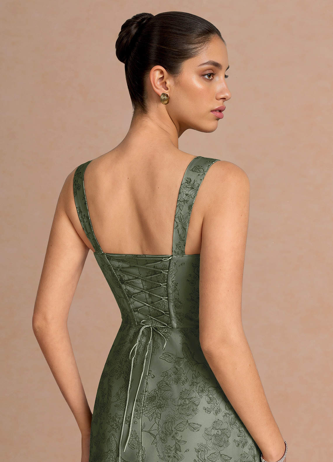 Agustina Square-Neck Pleated Jacquard Evening Dress in Sage Blue