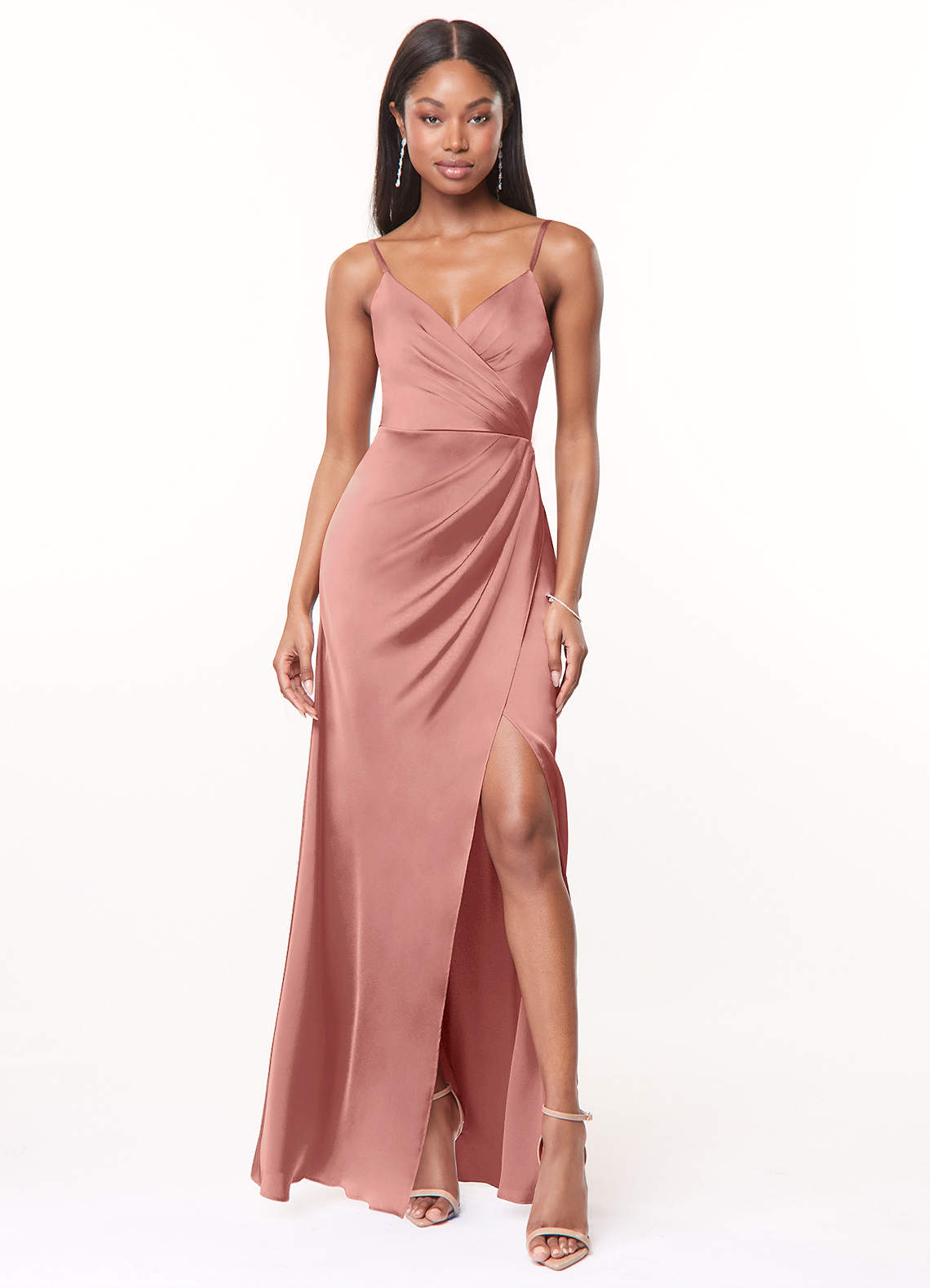 Maci A-Line V-Neck Stretch Satin Bridesmaid Dress in Rosette
