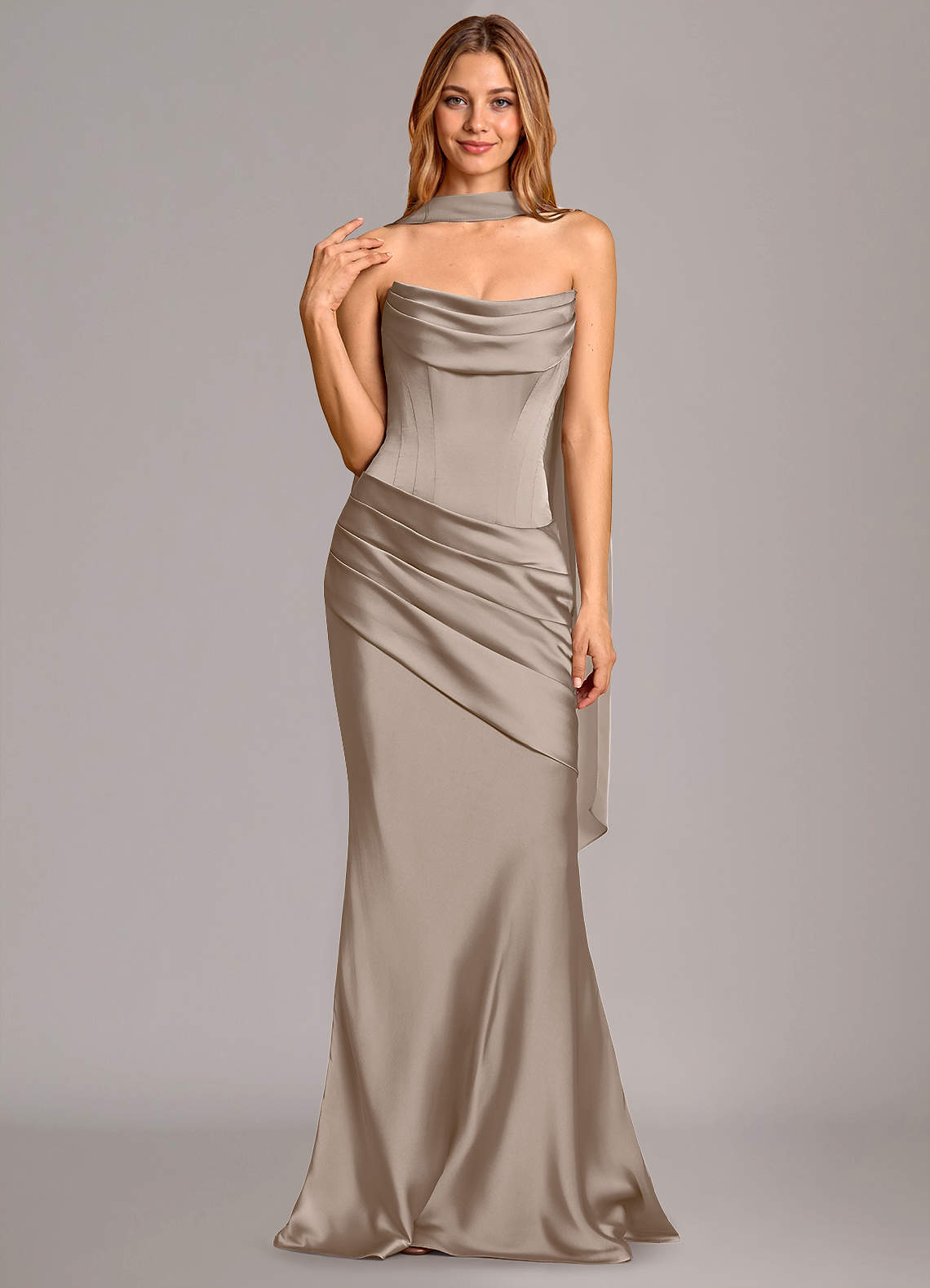 Pelagia Mermaid Cowl-Neck Stretch Satin Bridesmaid Dress in Taupe