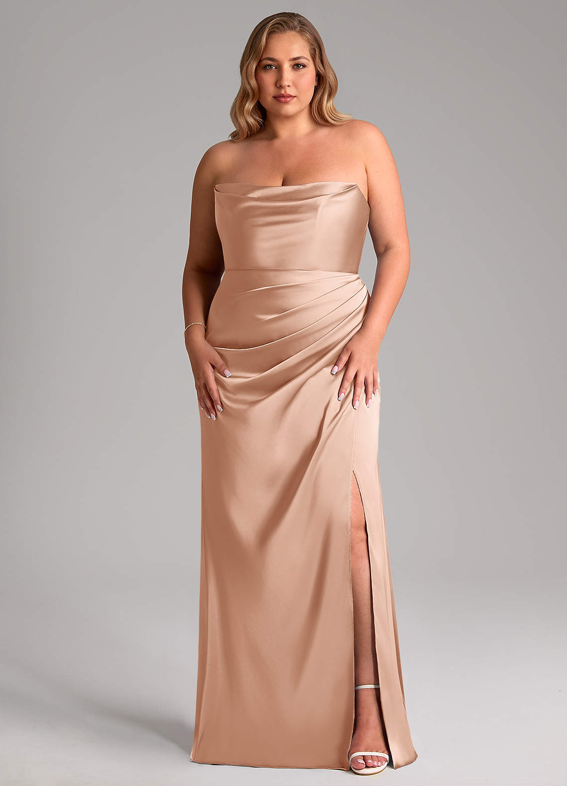 Leonis Mermaid Cowl-Neck Stretch Satin Bridesmaid Dress in rose gold