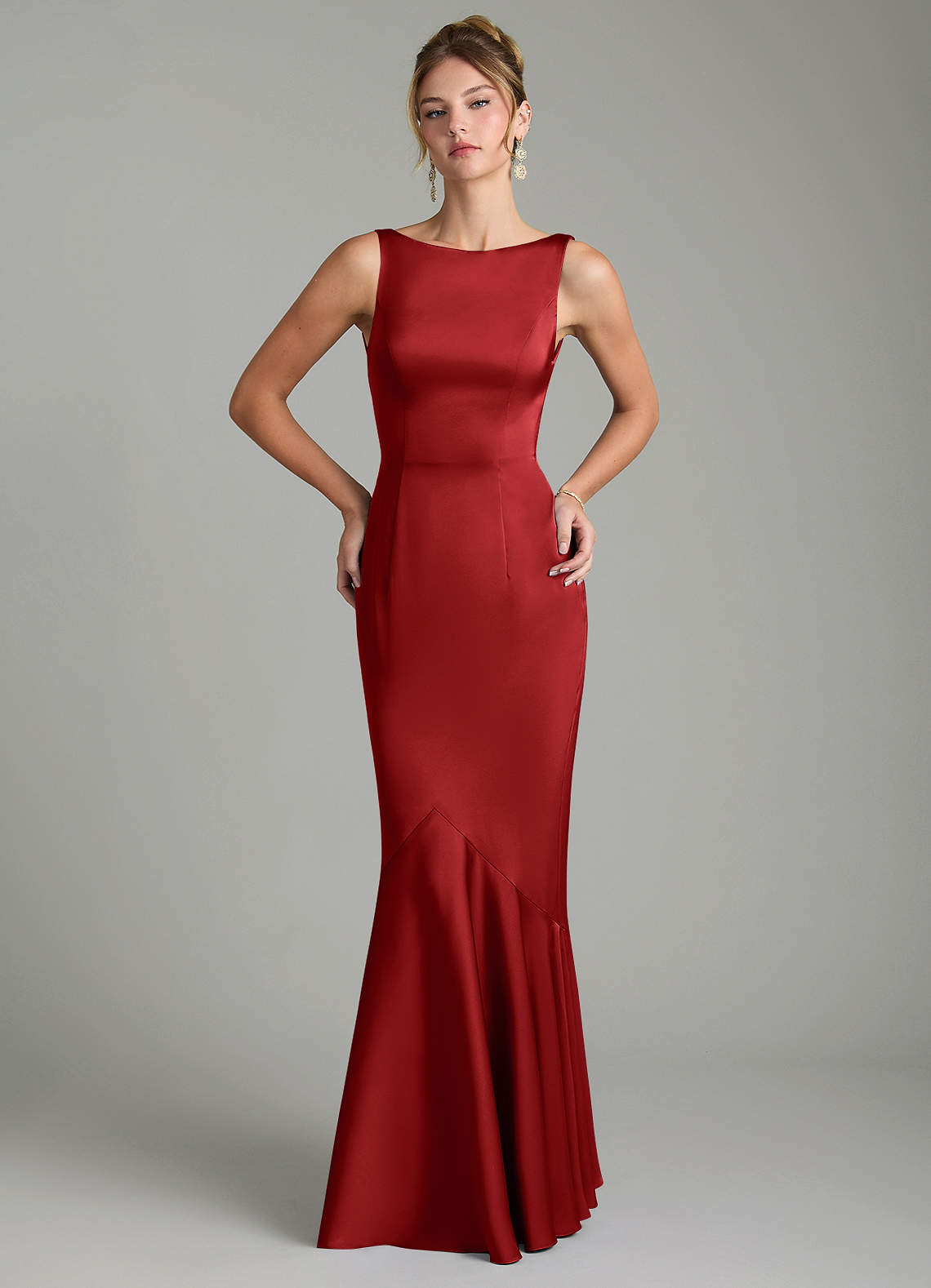 Tamera Mermaid Boat-Neck Stretch Satin and Chiffon Bridesmaid Dress in Pomegranate