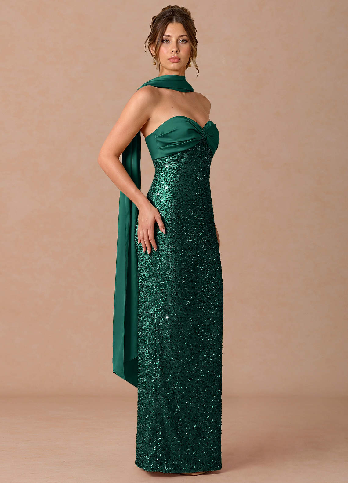 Serelle A-Line Sweetheart Sequin Satin Evening Dress in Emerald