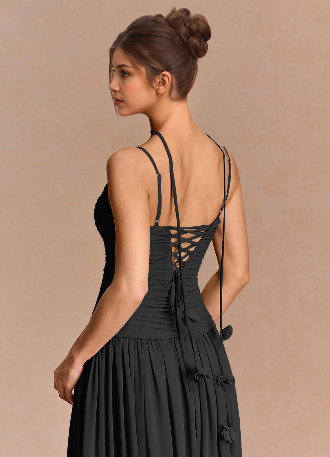 Eulalie A-Line Floral-Appliqué Chiffon Evening Dress in black
