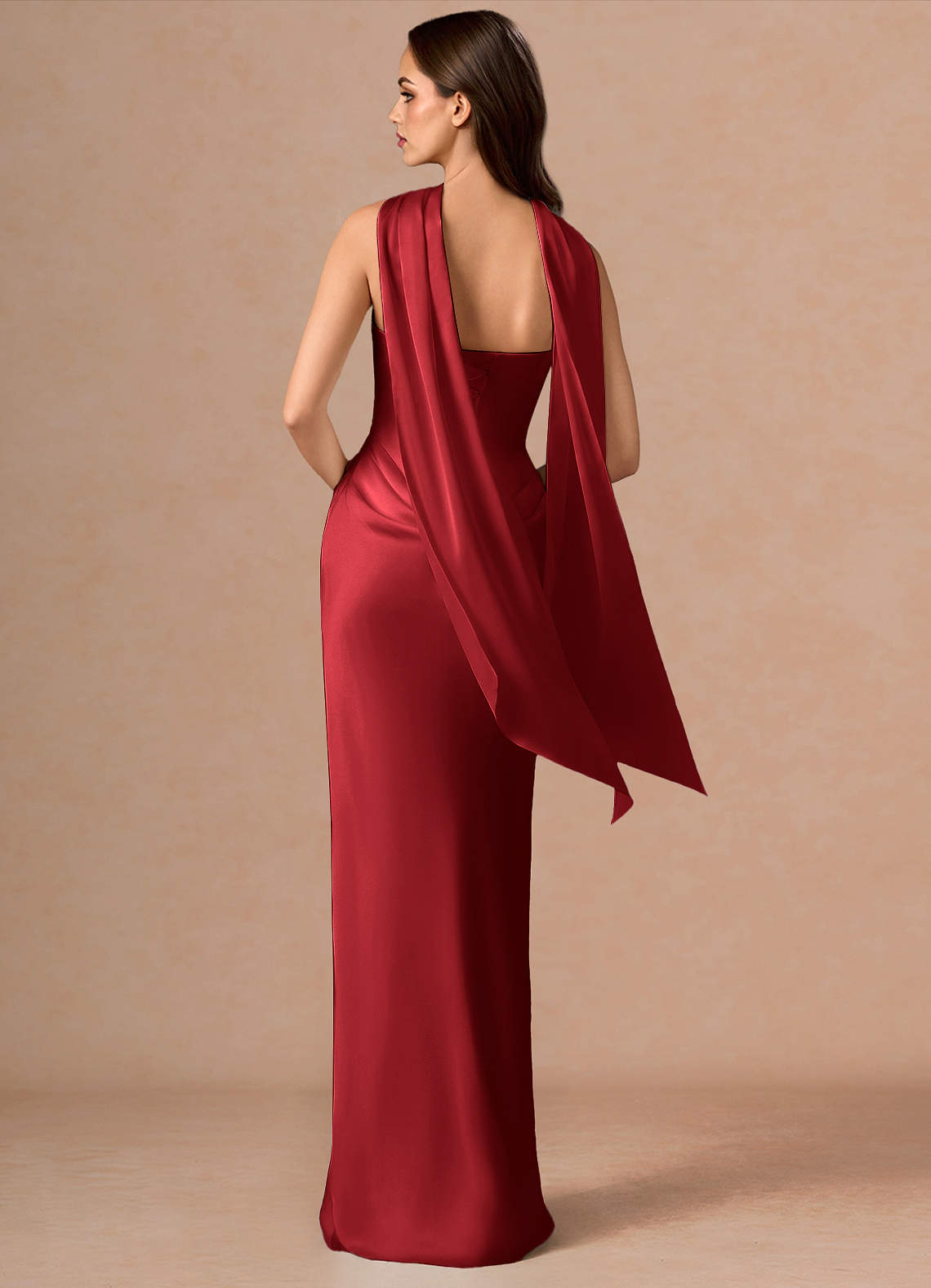 Valencia Scarf Lace-Up Stretch Satin Evening Dress in Cherry Red