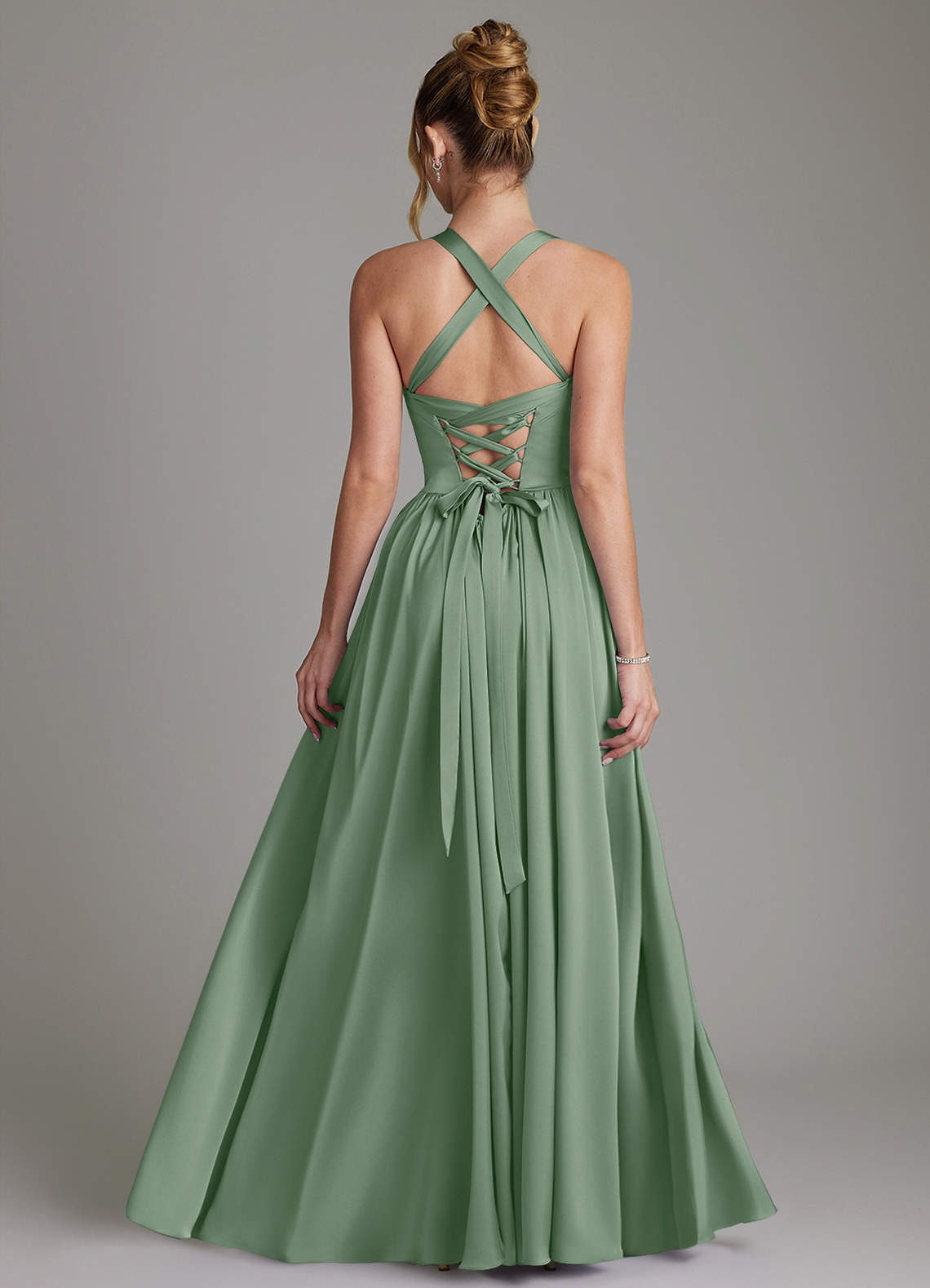 Francis A-Line V-Neck Stretch Satin Bridesmaid Dress in Matcha