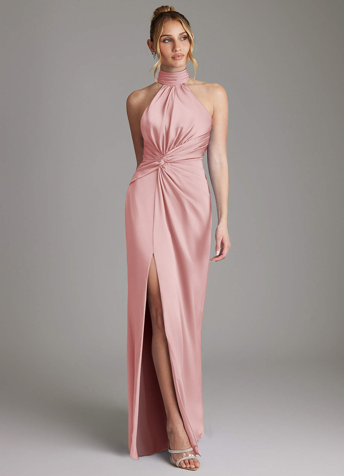Gracelynn Sheath Halter Stretch Satin Bridesmaid Dress in Powder Pink