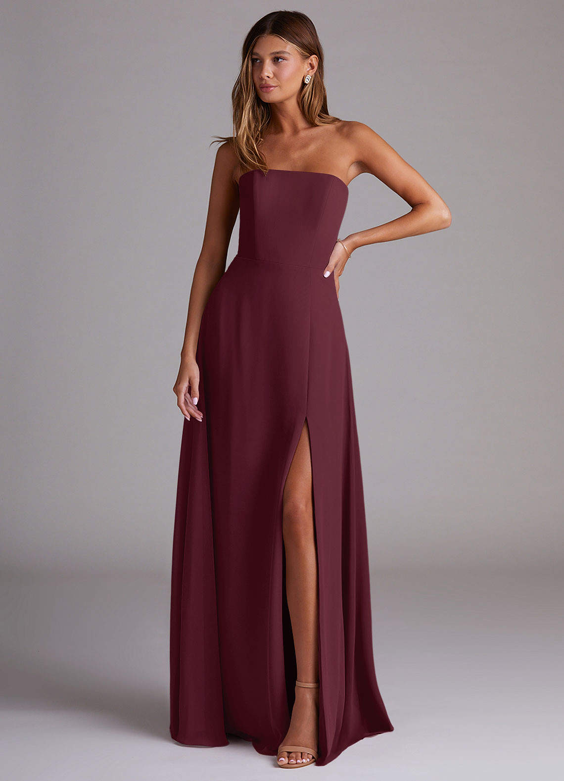 Wren A-Line Straight-Neck Chiffon Bridesmaid Dress in Cabernet