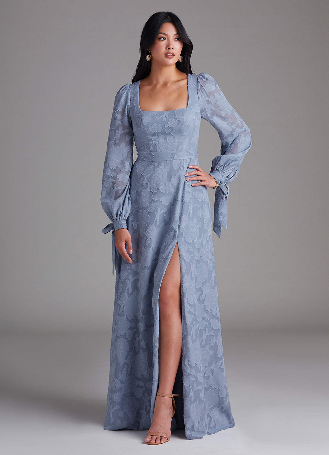 Leonia A-Line Square-Neck Stretch Satin Bridesmaid Dress in dusty blue