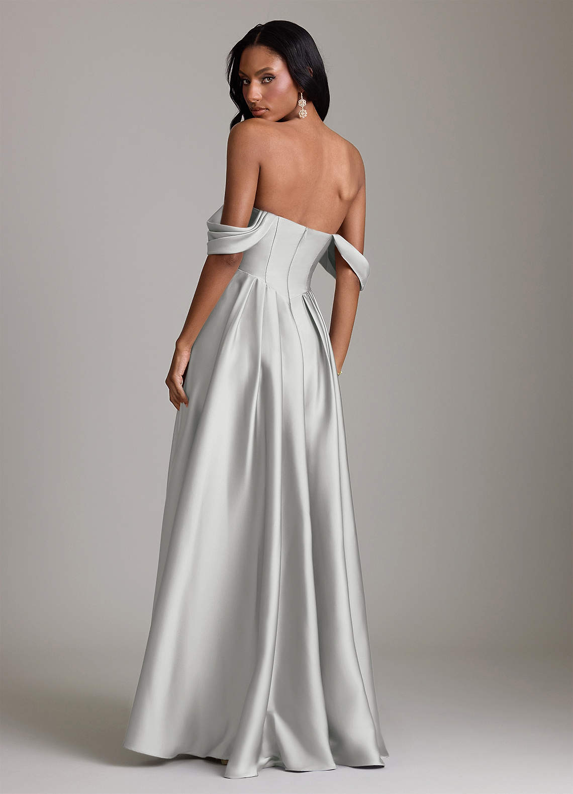 Loisa A-Line Off-the-Shoulder Stretch Satin Bridesmaid Dress in Silver
