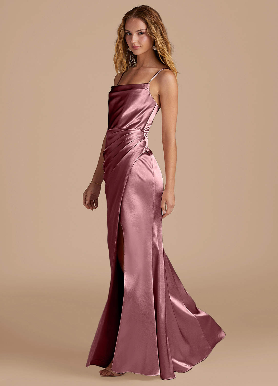 Marzia Mermaid Square-Neck Metallic Satin Bridesmaid Dress in Vintage Mauve