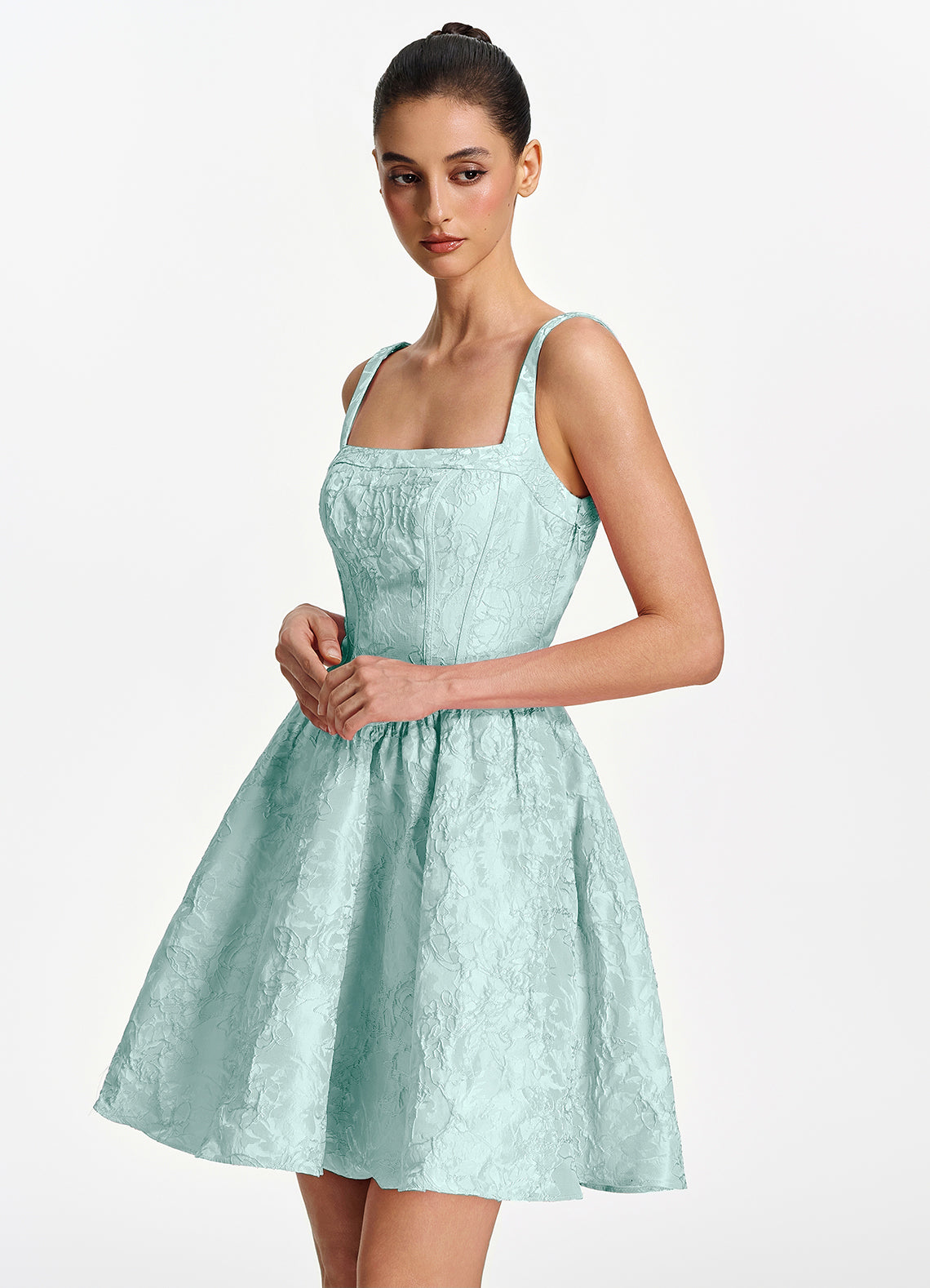 Lionelle Skater Mini Square-Neck Jacquard Prom Dress in Mint Green - photo 4