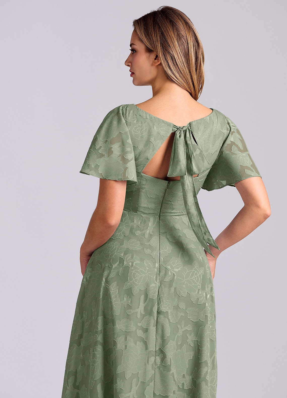 Kimber A-Line V-Neck Floral Burnout Bridesmaid Dress in Agave