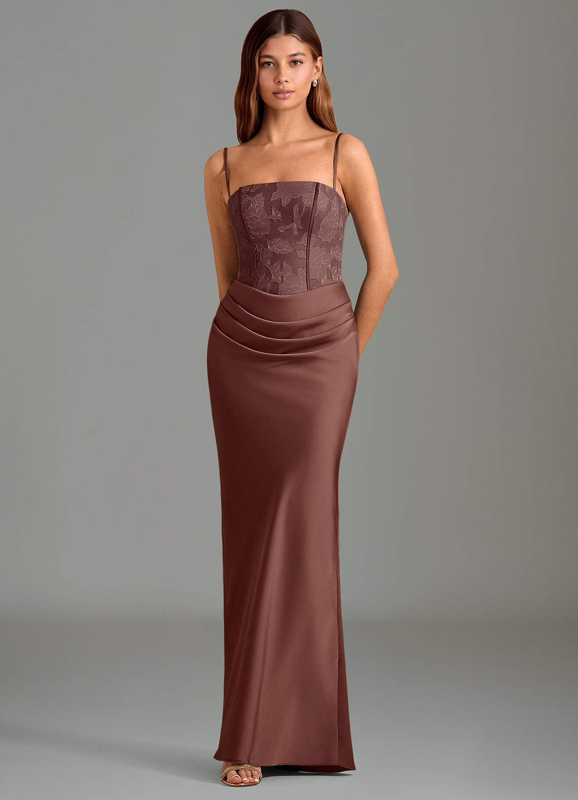 Emilia Mermaid Strapless Stretch Satin and Floral Burnout Bridesmaid Dress in Espresso