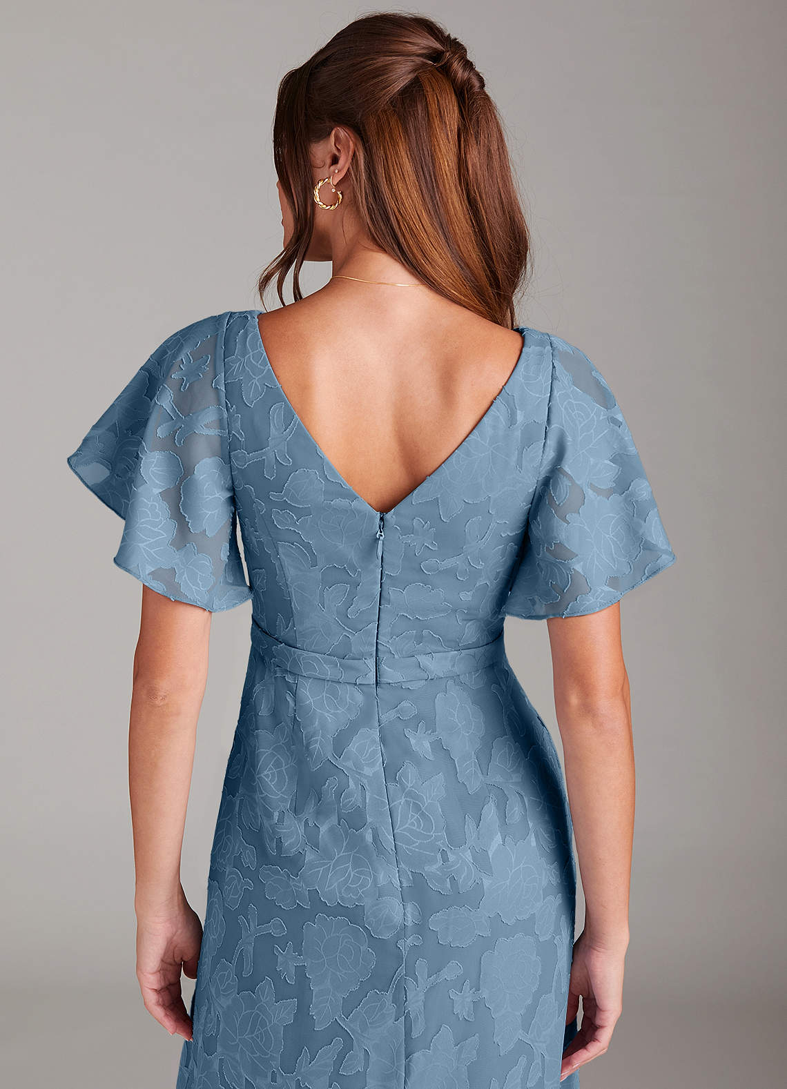 Ambrosia A-Line V-Neck Floral Burnout Bridesmaid Dress in Steel Blue