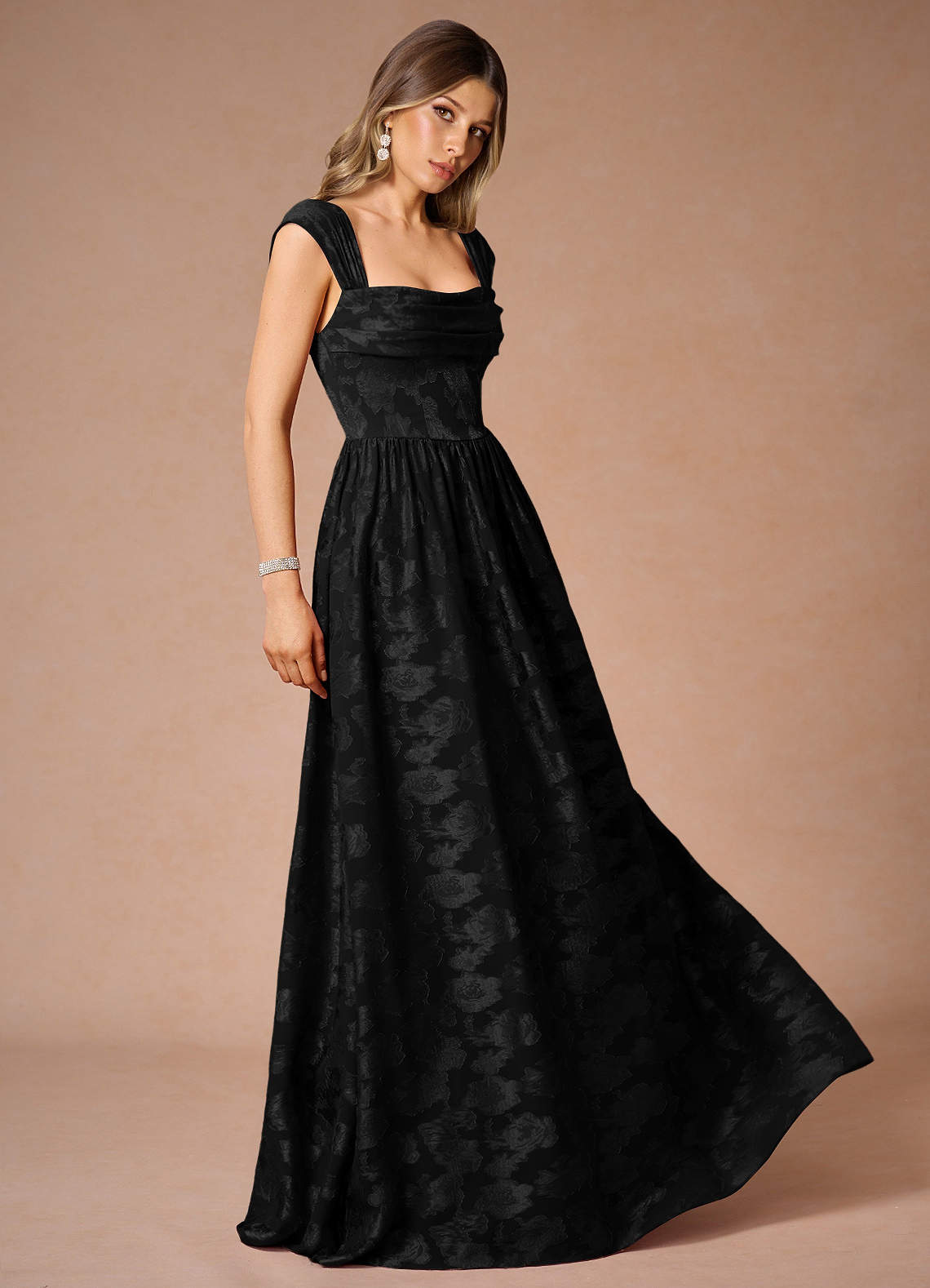 Hazel A-Line Cowl-Neck Fil Coupé Wedding Guest Dress in Black