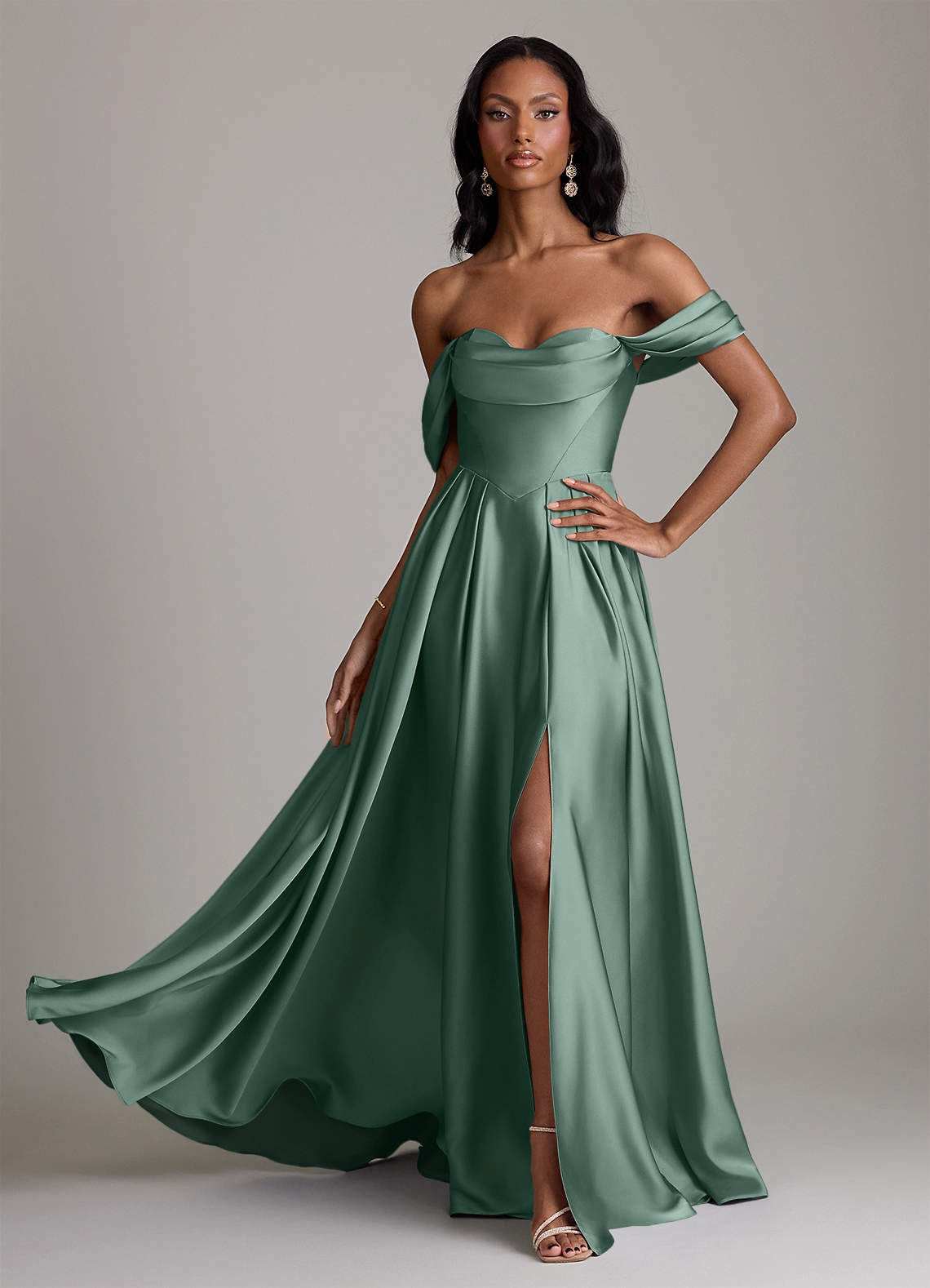 Loisa A-Line Off-the-Shoulder Stretch Satin Bridesmaid Dress in Eucalyptus