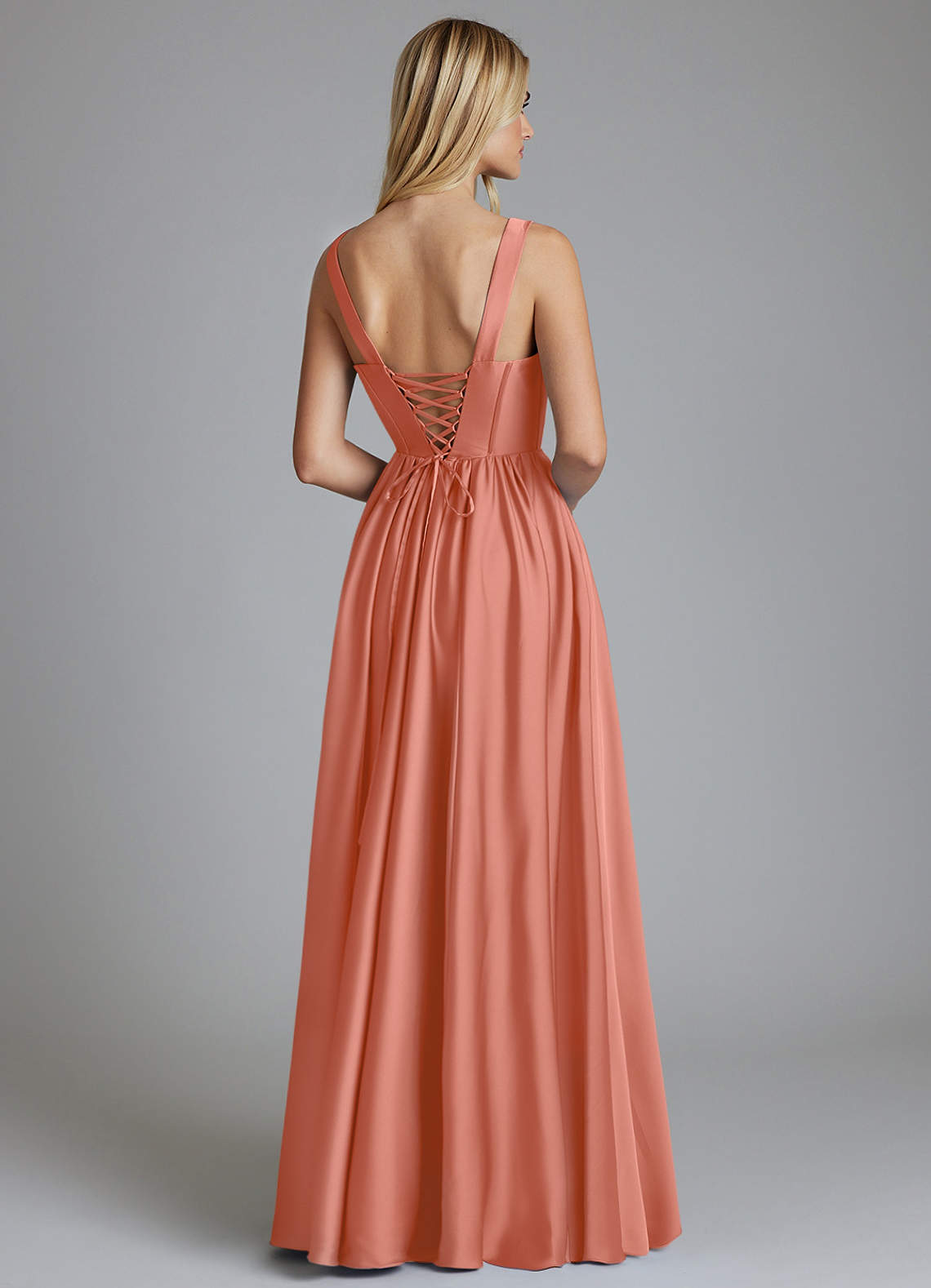 Delmie A-Line V-Neck Stretch Satin Bridesmaid Dress in Salmon Pink