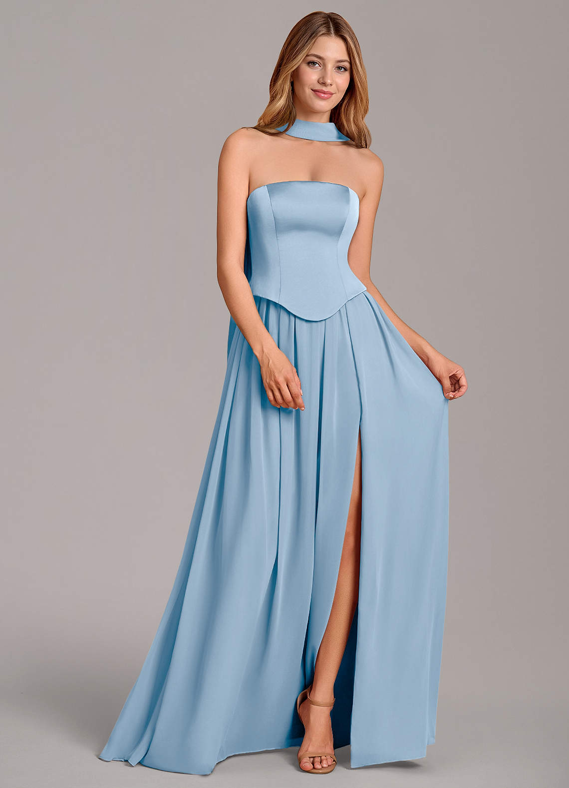 Cadence A-Line Strapless Chiffon and Stretch Satin Bridesmaid Dress in Powder Blue