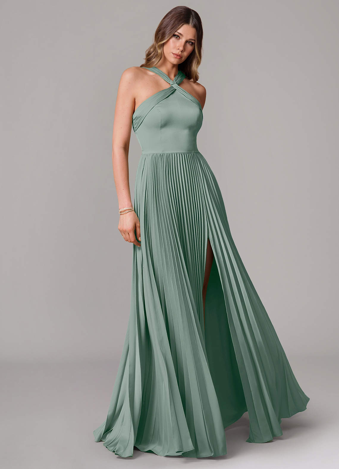 Afra A-Line Halter-Neck Stretch Satin Bridesmaid Dress in Silver Sage
