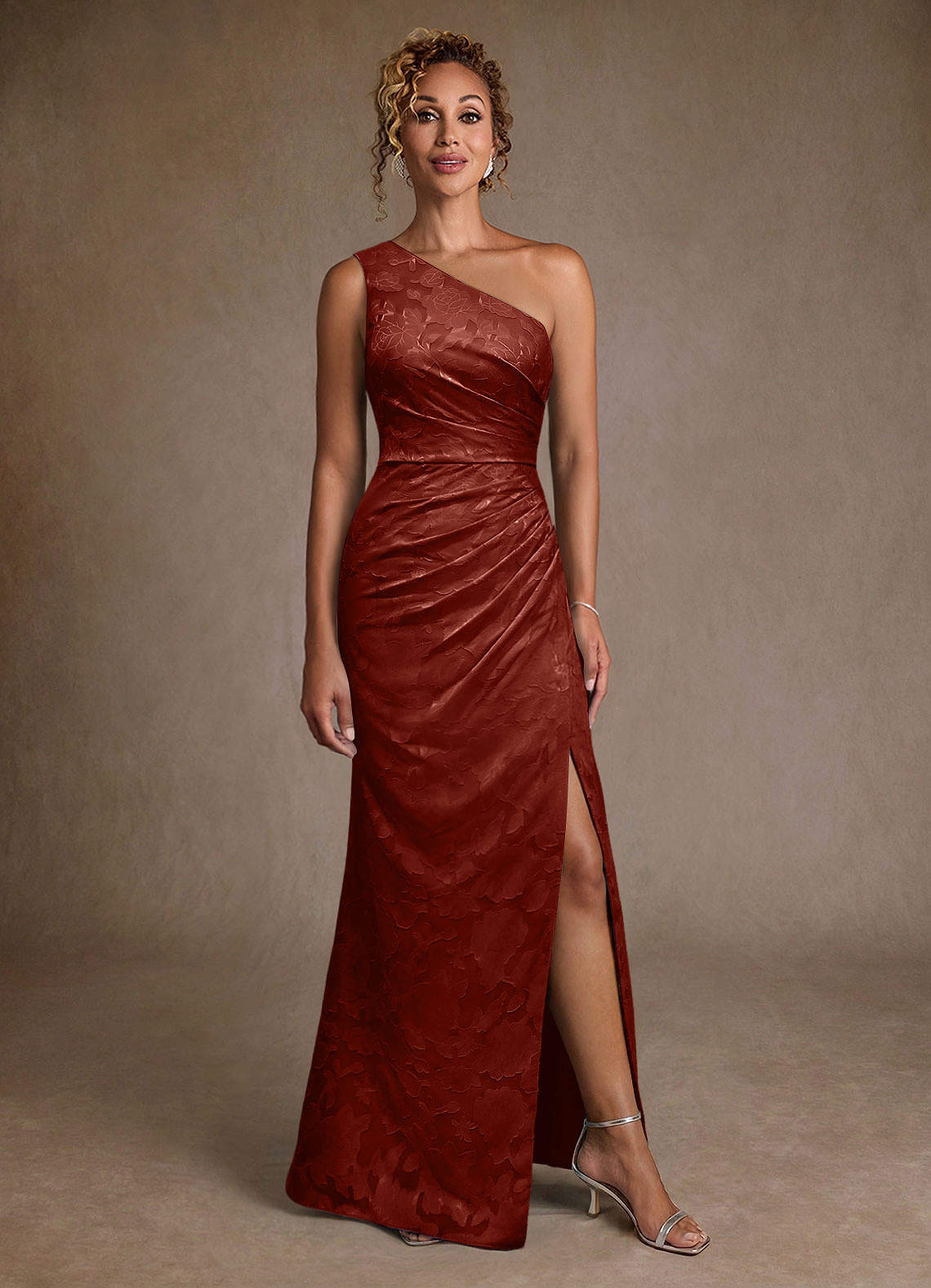 Joylin Trumpet One-Shoulder Floral Burnout Mother of the Bride Dress in Terracotta