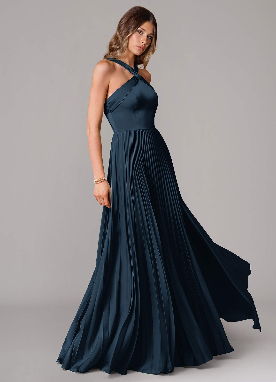 Afra A-Line Halter-Neck Stretch Satin Bridesmaid Dress in Dark Navy