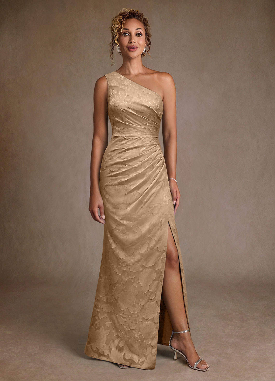 Joylin Trumpet One-Shoulder Floral Burnout Mother of the Bride Dress in champagne
