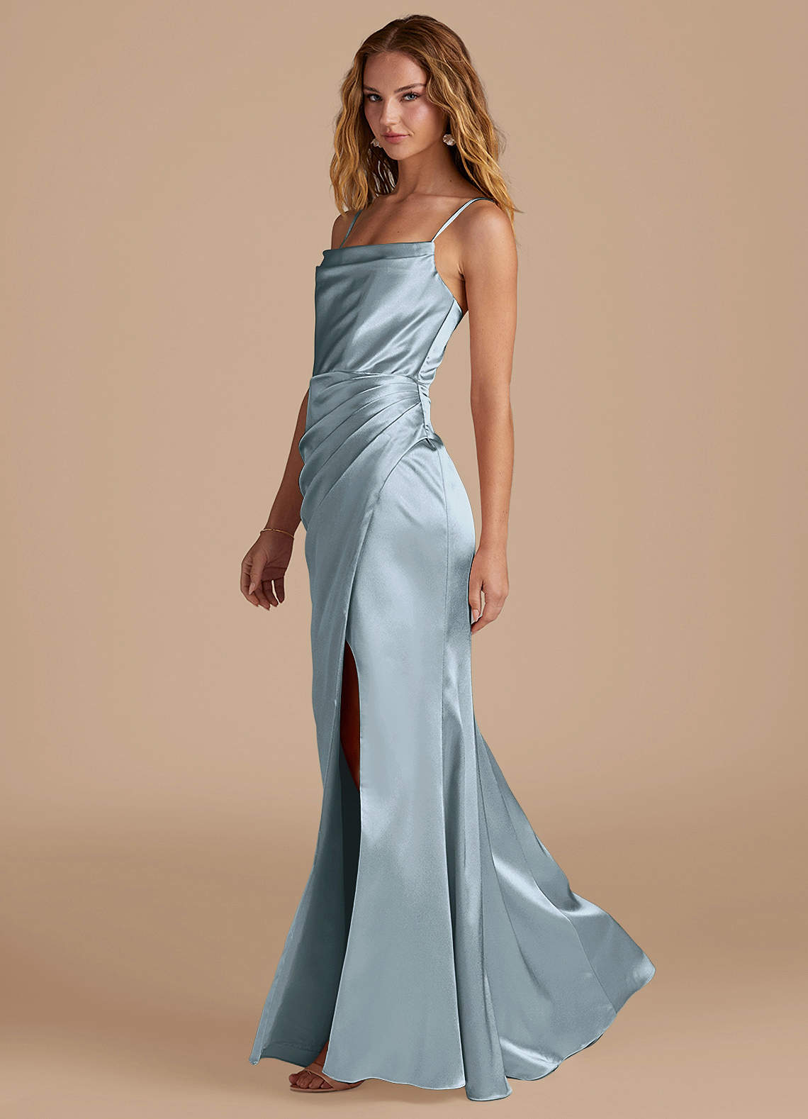 Marzia Mermaid Square-Neck Metallic Satin Bridesmaid Dress in dusty blue