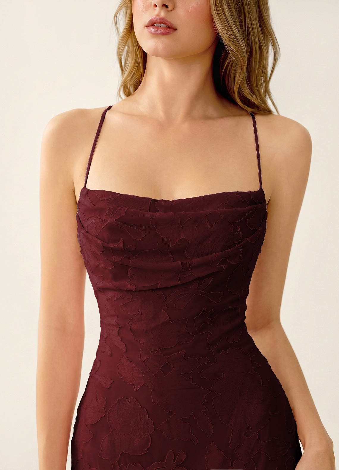 Natasha Mermaid Spaghetti-Strap Floral Burnout Evening Dress in Wine