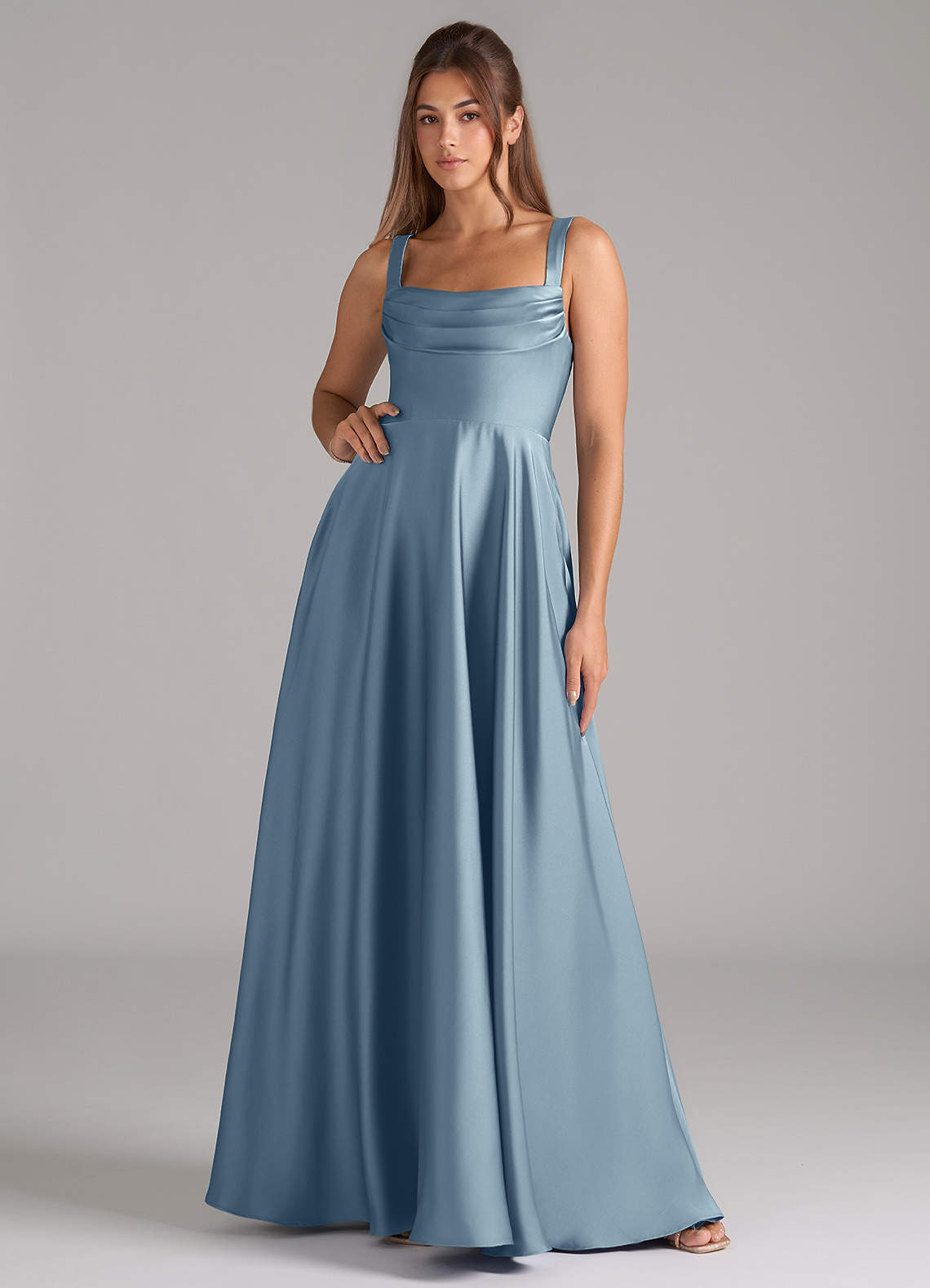 Shaude A-Line Square-Neck Stretch Satin Bridesmaid Dress in dusty blue